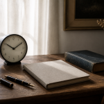 Аналогни сат, биљежница, наливперо и књига на дрвеном столу.
